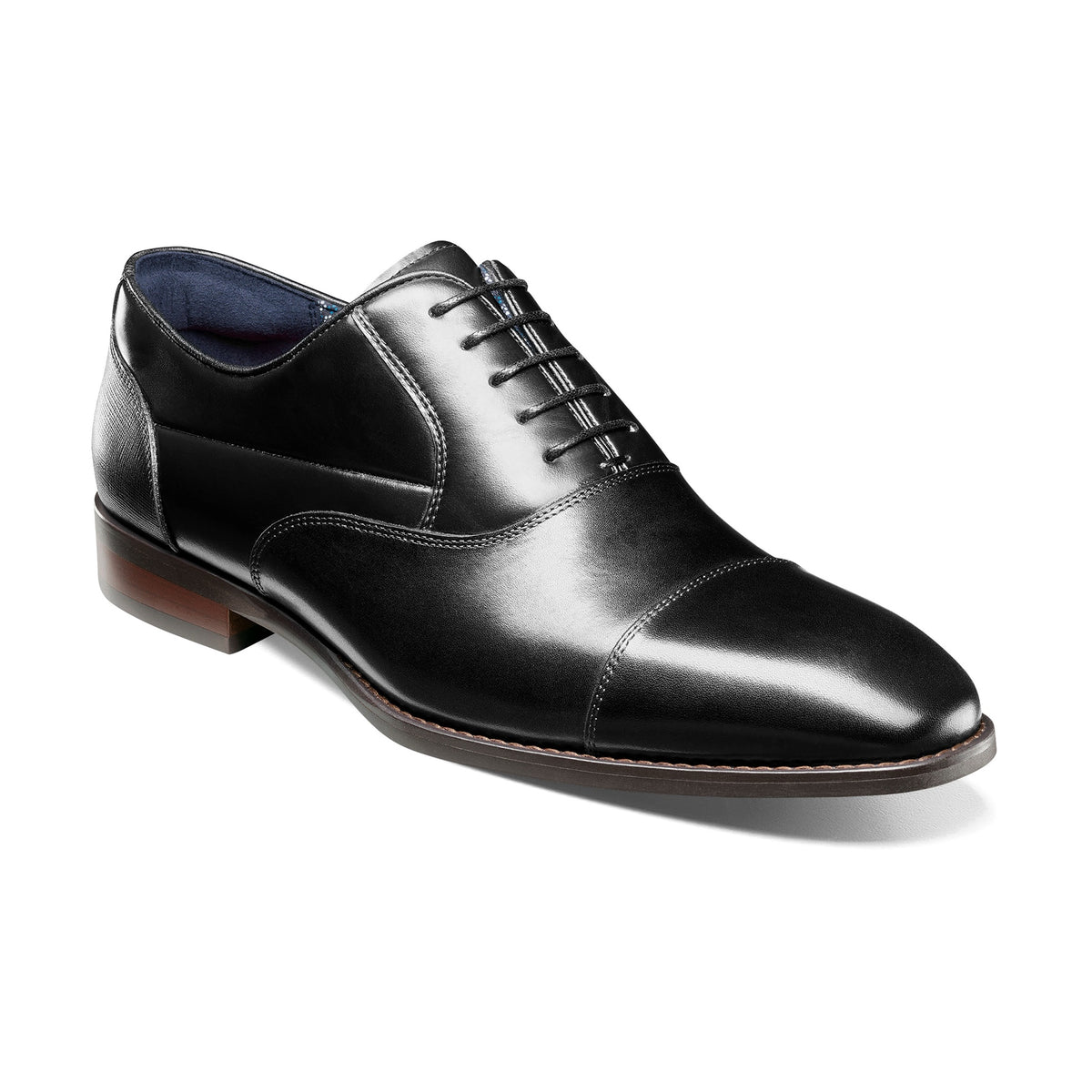 Black cap-toe dress shoe, three-quarter view
