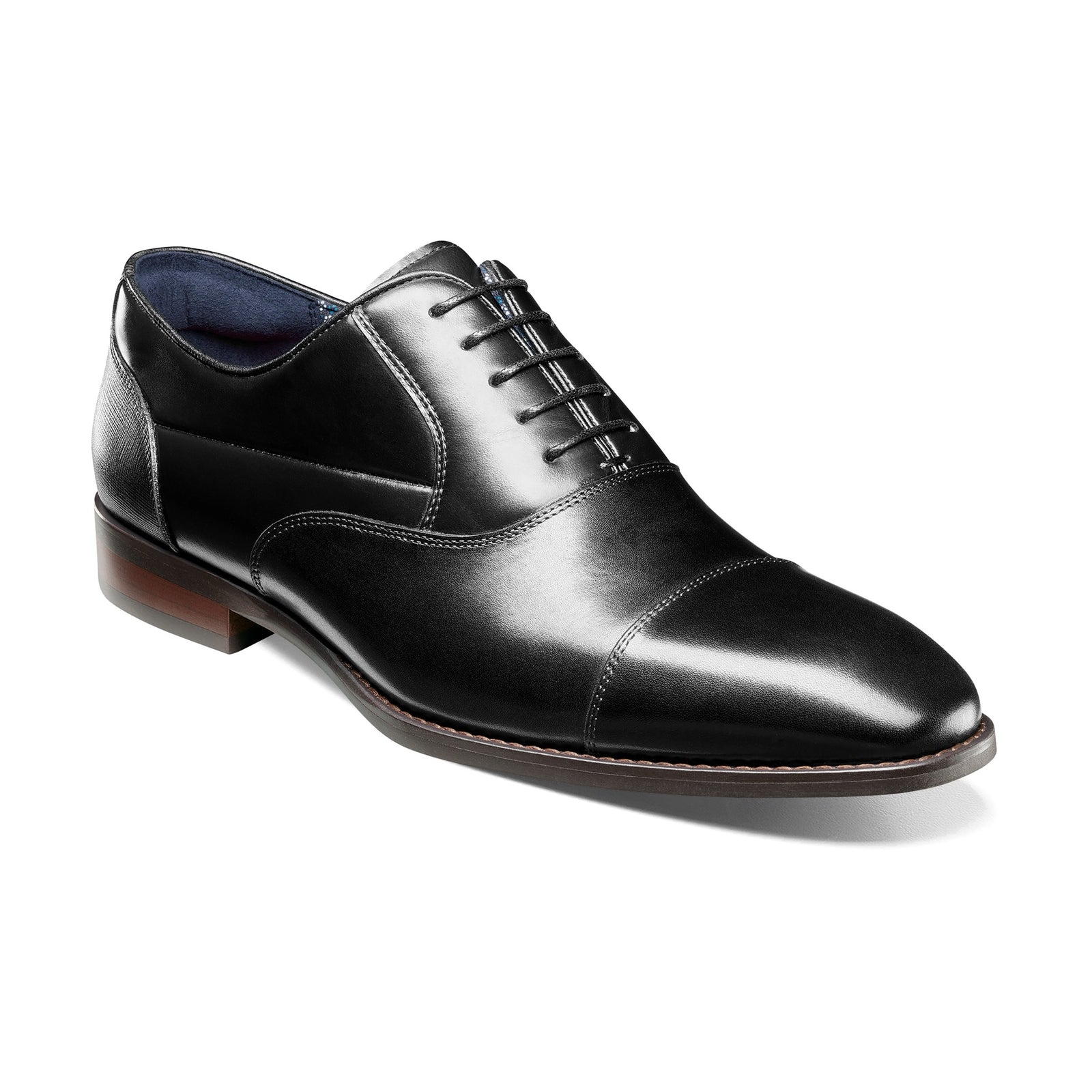 Black cap-toe dress shoe, three-quarter view