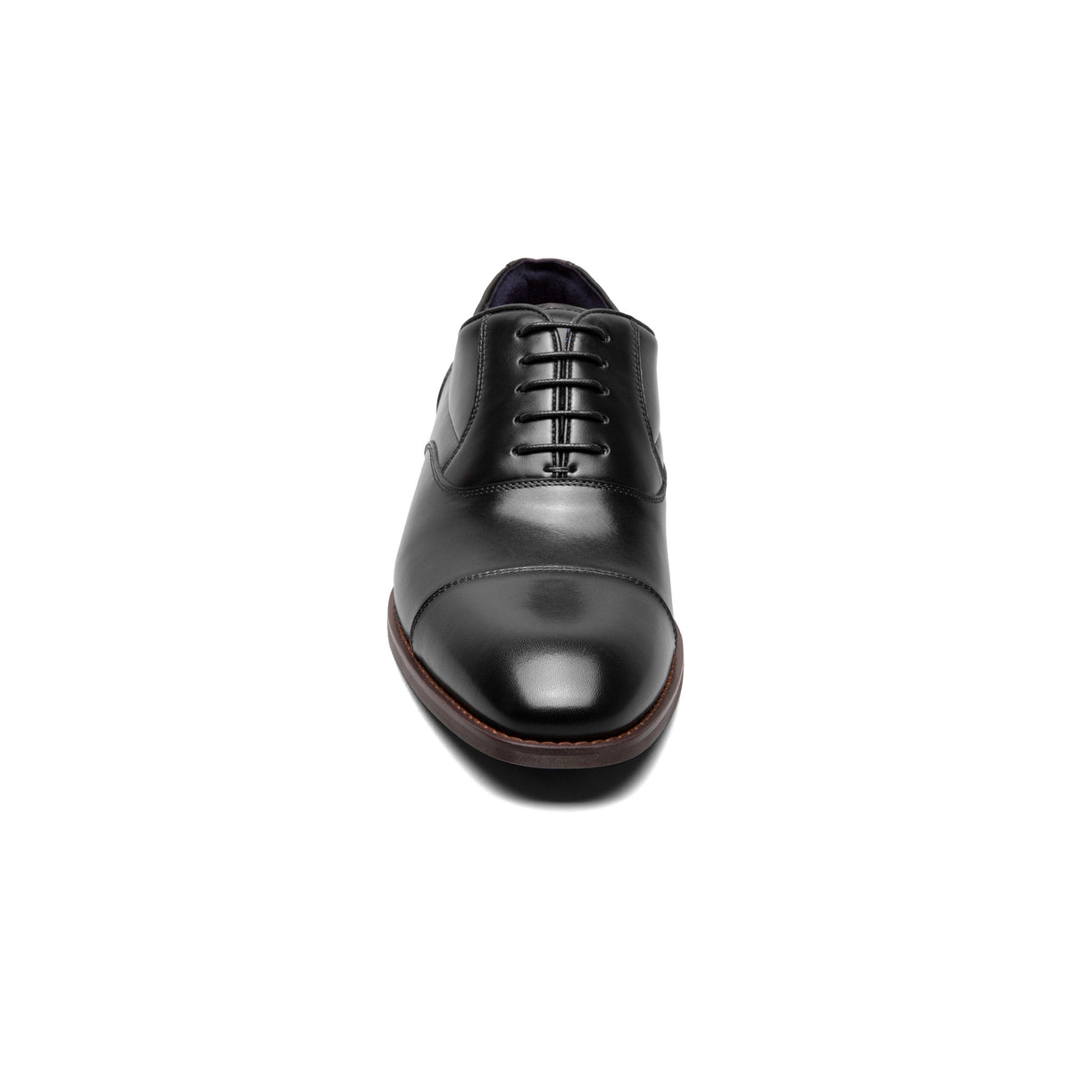 Black cap-toe dress shoe, front view