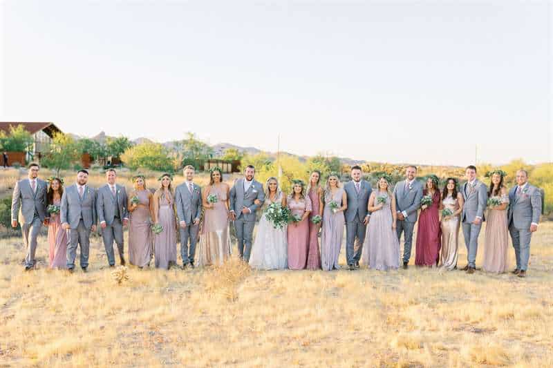 Groomsmen and bridesmaids pose in a field.
